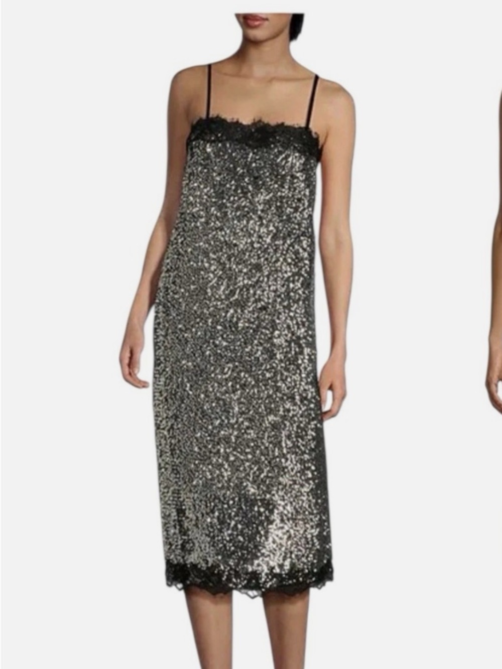 Holiday GlamGianni Bini silver sequins with black Lace-Trim Slip Midi Dress size